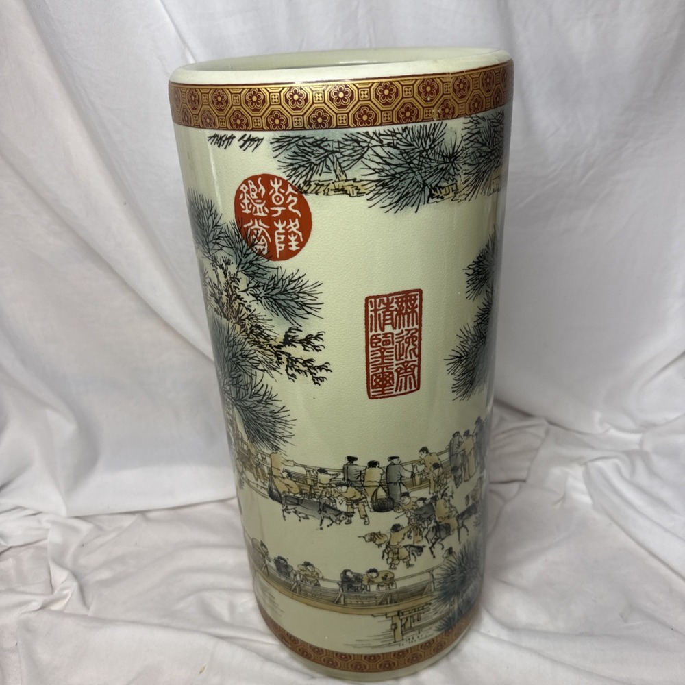 Vintage Chinese Porcelain 18" Umbrella Stand Vase Qingming Shanghe Tu Landscape